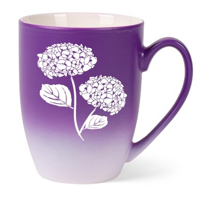 Elanze Designs Botanical Floral Nature Coffee Cup Mug 12 Ounce Ceramic With Ombre Gradient Elegant Minimalist Hydrangea Flower Silhouette Purple and