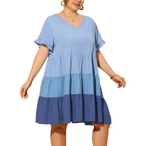 Agnes Orinda Women's Plus Size Color Block Ruffle Short Sleeve Flowy Chambray Mini Babydoll Dress - 1 of 4