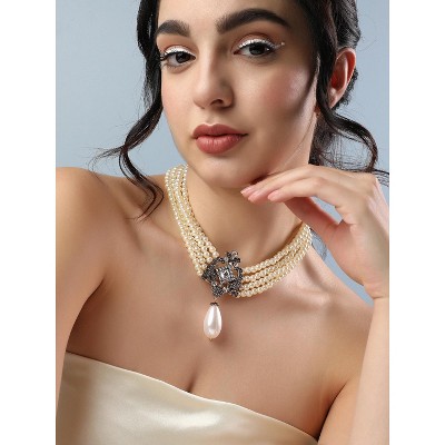 SOHI Women's Pearl White Party Stone Multi-Layer Necklace