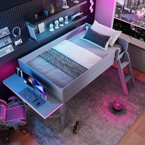 Twin Size Wood Gaming Loft Bed with Desk and LED - 1 of 4