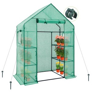 EAGLE PEAK Walk in 3-Tier Greenhouse with Wire Shelves, Portable Green House with 4 Shelves, Clear/Green PE Cover - 1 of 4