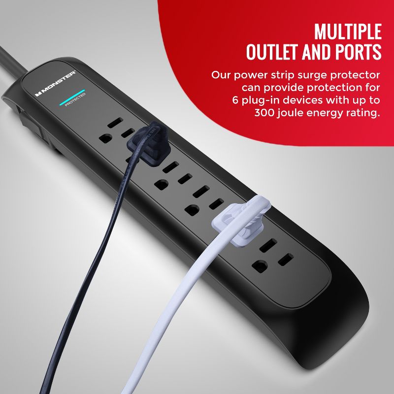 Monster 15ft Black Power Strip and Tower Surge Protector, Heavy Duty Protection, 300 Joule Rating and 6 120V-Outlets, 2 of 9
