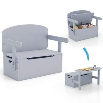 Costway 3-in-1 Kids Convertible Storage Bench Wood Activity Table and Chair Set Grey