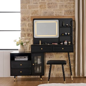 VYNXARIA Modern Makeup Vanity Desk,Retractable Dressing Table with Drawers and Cabinet,Compact Makeup Table for Bedroom, Black - 1 of 4