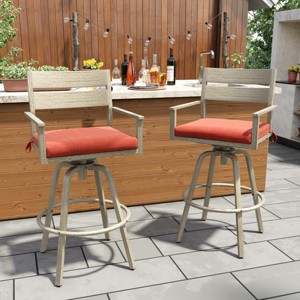 Crestlive Products Aluminum Outdoor Swivel Woodgrain Finish Bar Stools with Sunbrella Cushion Set of 2 - 1 of 4