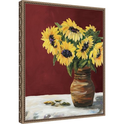 Sunflowers in Maroon Beaded Framed Canvas Wall Art