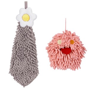 REGALWOVEN 2 Packs Soft Absorbent Flower Pattern Chenille Hand Towel with Loop 6" x 15"/7" x 7" - 1 of 4
