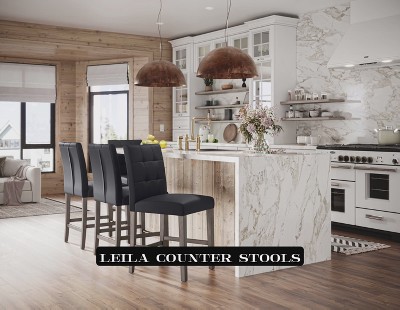 Graphite Black Vegan Leather and Wood Counter Height Barstool