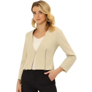 Allegra K Women's Work Office Zipper Decor Collarless Cropped Blazer - 1 of 4