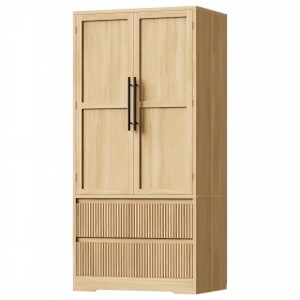 Wooden Armoire Wardrobe, Freestanding Closet Cabinet with 2 Drawers, Shelves & Hanging Rod for Bedroom (Natural) - 1 of 2