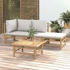 vidaXL Bamboo Patio Lounge Set - 4 Piece Outdoor Furniture Set with Light Gray Cushions, Modular Design for Personal Configuration - 2 of 4