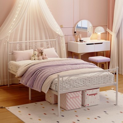 Homhougo Twin Size Metal Bed Frame for Kids, Twin Bed Frames for Girls, with Headboard & Footboard, Steel Slats Support, No Box Spring Needed, White