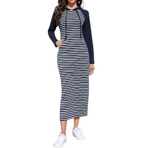 Coolmee Women's Casual Long Sleeve Side Slit Pullover Maxi Hoodie Dress Slim Striped Long Dresses with Pockets - 1 of 4