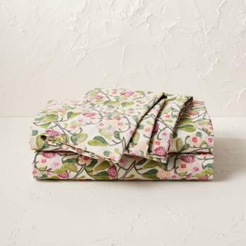 StyleWell Cotton Percale Ditsy Floral 4-Pcs Queen Sheet Set in Hydrangea, Green Hydrangea