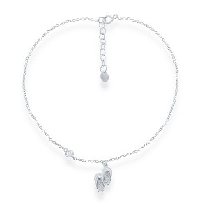 Bella Silver Sterling Silver Double Flip Flop w/ Single CZ Anklet - Silver - 9+1 Inch - 1 of 2