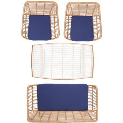 Natural Rattan 4-Piece Patio Set with Navy Cushions