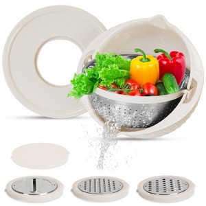 NewHome"Multifunctional Stainless Steel Mixing Bowl Set with Lid, Graters, Food Strainer & Colander"Beige Blue - 1 of 4