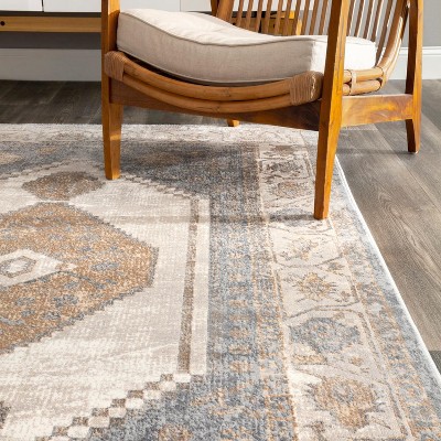 Vintage Beige and Blue Synthetic Rectangular Area Rug