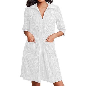 Ekouaer Zipper Robes for Women Waffle Knit Bathrobes Short Lightweight Knee Length Loungewear with Pockets - 1 of 4