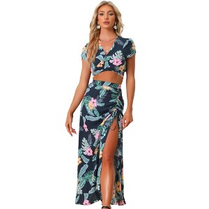 Allegra K Women's Tropical 2-Piece Wrap Crop Top and Hawaiian Ruched Front Maxi Skirt Set - 1 of 4