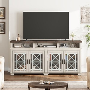 Farmhouse TV Stand for 80 inch, Mid Century Entertainment Center with LED Lights, Wooden Media Cabinet with Glass Door for Living Room, Whitewash - 1 of 4