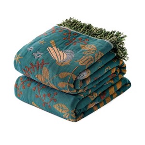 Itopfox Boho Throw Blanket for Bed 100% Cotton Ultra Soft Rustic Quilt Fall Blanket Bird Floral Printed Farmhouse Decor Large Bed Blankets All Season - 1 of 4