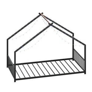 TopComfy Beds Twin size childrens bed frame with strips roof shaped iron frame bed No Box Spring Needed for Bedroom, Black, 78.5"*40.94"*58.4" - 1 of 4
