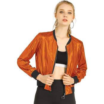 Allegra K Women's Holographic Fashion Stand Collar Metallic Lightweight Zip Bomber Jacket