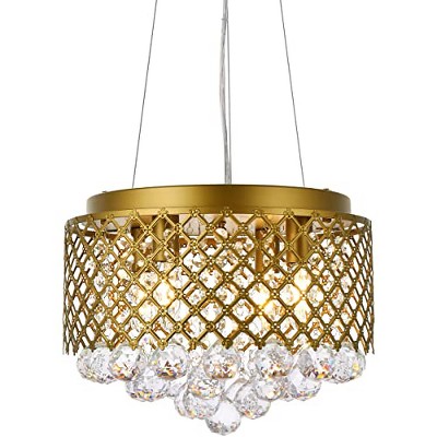 Brass and Crystal Drum Pendant Light with Adjustable Height