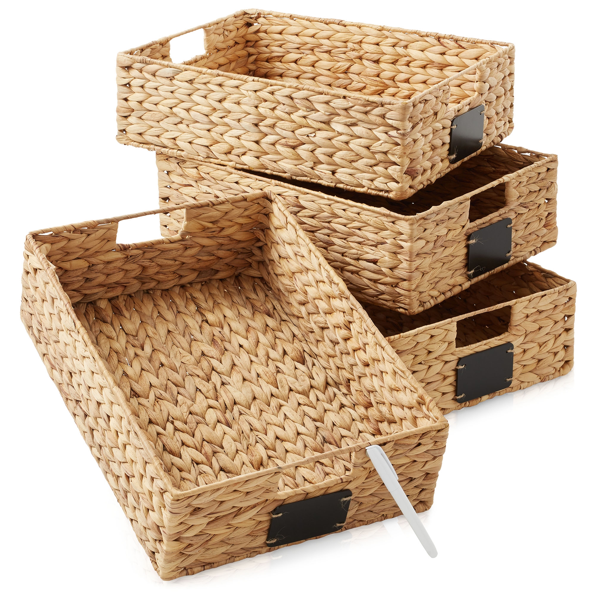 Casafield (Set of 4) Water Hyacinth 12-1/2" x 17" x 5" Pantry Baskets with Chalkboard Labels and Marker - Natural, Woven Storage Organizer Bins