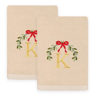 Linum Home Textiles Christmas MISTLETOE MONOGRAM - Embroidered Luxury 100% Turkish Cotton Hand Towels (Set of 2) - 1 of 3