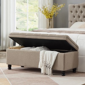 Airsurfer Upholstered tufted button storage bench ,Linen fabric entry bench with spindle wooden legs, Bed bench - 1 of 4