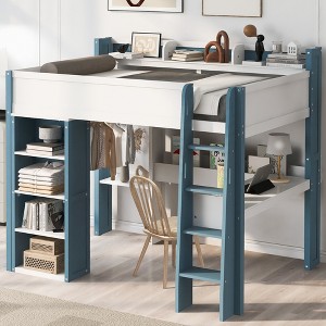 TIRAMISUBEST Full Size Wood Loft Bed with Built-in Clothes Rod & 4-Tier Bookcase, Versatile Kids Bed Frame with Desk & Shelves - 1 of 4