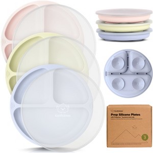 3-Pack Prep Suction Plates with Lids, 100% Silicone Baby Plates with Lid, BPA-Free Kids Divided Toddler Plates - 1 of 4