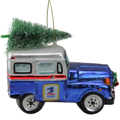 Northlight 5" Blue and White "U.S. Mail" Service Truck with Tree Glass Christmas Ornament