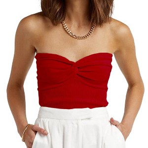Women's Knit Tube Top, Twist - Front Bandeau Crop Top, Strapless Elastic Backless Sleeveless Top - 1 of 2