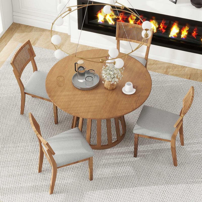 5-Piece Retro Dining Set with 1 Round Dining Table and 4 Upholstered Chairs with Rattan Backrests for Dining Room and Kitchen 4A - ModernLuxe, 2 of 14