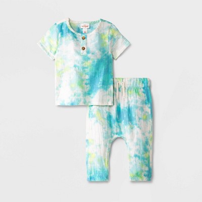 Image of Baby Gauze Tie-Dye Henley Top & Bottom Set - Cat & Jack™ Mint Green 0-3M