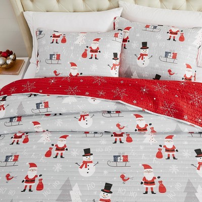 King Gray Reversible Microfiber Christmas Quilt Set