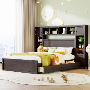 Queen Size Wooden Bed with All-in-One Cabinet, Shelf and Sockets - 1 of 4