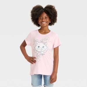 Girls' The Aristocats Marie Glitter Bow Short Sleeve Graphic T-Shirt - Light Pink - 1 of 4