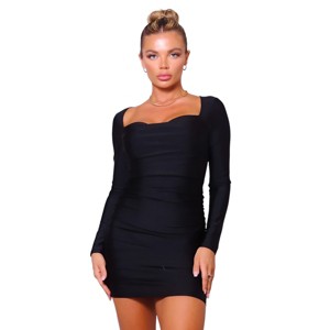 Slickblue Sexy Black Mini Dress with Sweetheart Neck, Long Sleeves, Side Ruching, Pleated Front Detail, Size S-L - 1 of 4