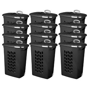 Sterilite Ultra Laundry Hamper, Wheeled Plastic Clothes Bin with Retractable Secure Grip Handle, Reinforced Rim, and Flip-Top Lid, Black, 12 Pack - 1 of 4