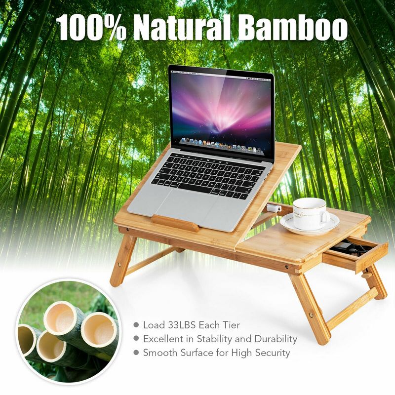 Costway Bamboo Laptop Desk Adjustable Folding Bed Tray w/Drawer Heat Dissipation Black\Natural, 5 of 10