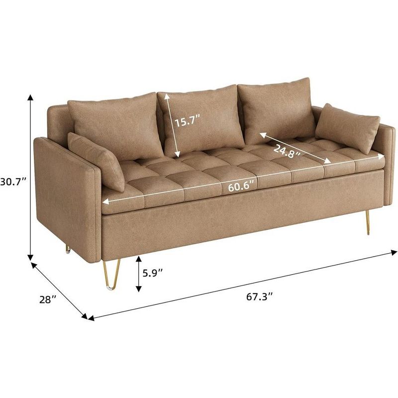 3-Seater Faux Leather Sofa with Hand-Stitched Comfort and Lift-Up Storage, Gold Metal Legs for Stylish Living Room, 2 of 7