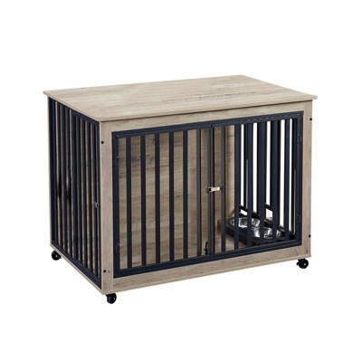 Dog Crate Furniture, Flip-Top Dog Kennel with Removable Bowls, Heavy Duty Chew-Proof Design for Small/Medium/Large Dogs, Multi-Functional End Table