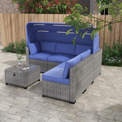 ONWITH 6 Pieces Patio Furniture Sets, Outdoor Rattan Daybed with Retractable Canopy
