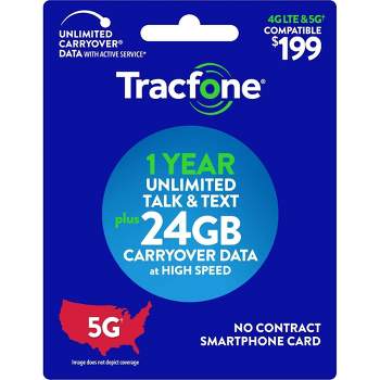 Tracfone Unlimited Talk/Text + 24GB Carryover Data 1 Year Plan Smartphone Card (Email Delivery) - $199