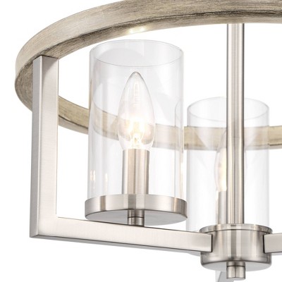 Senna Brushed Nickel and Gray Wood 17" Drum Ceiling Light with Clear Glass