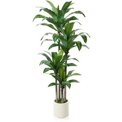 DR.Planzen 5-6FT Artificial Dracaena Tree with UV Resistant Leaves - Potted Fake Plant for Indoor/Outdoor Floor Decor, White Plastic Planter